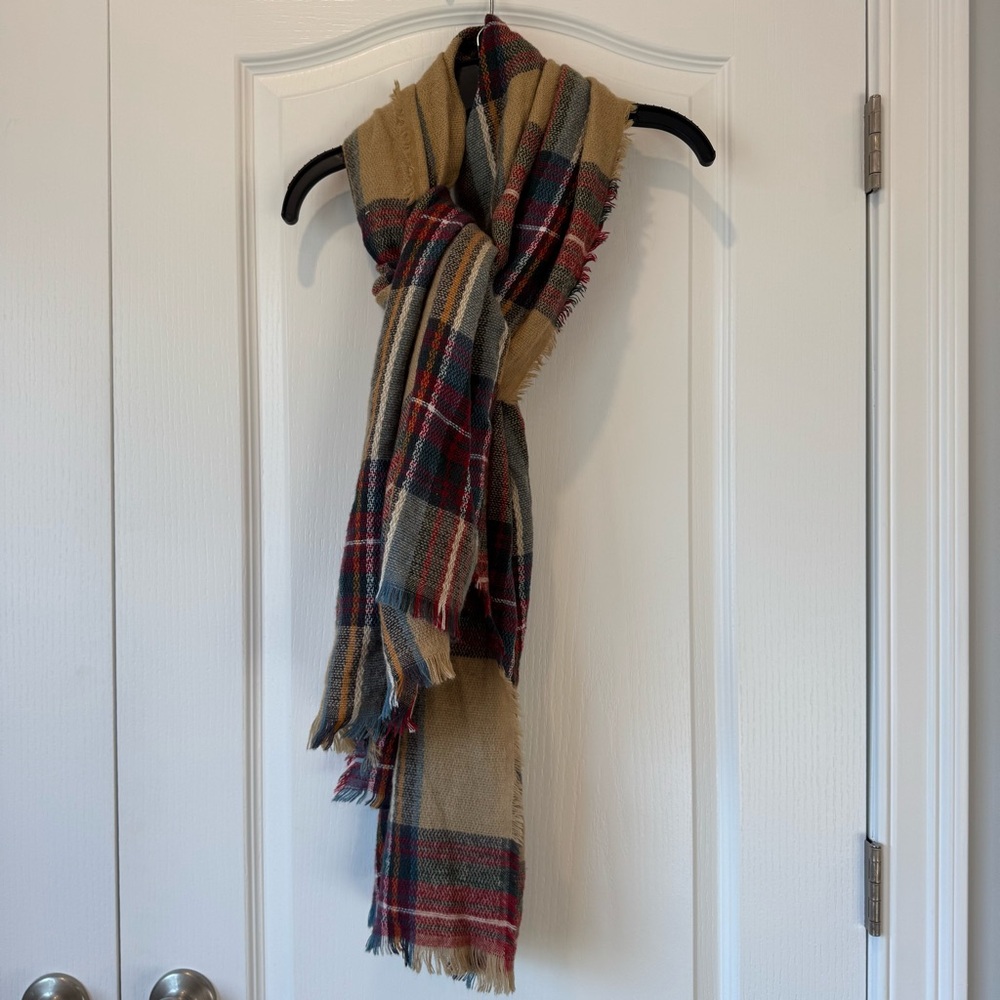 ModCloth Cream Plaid Blanket Scarf with Red and Blue Accents